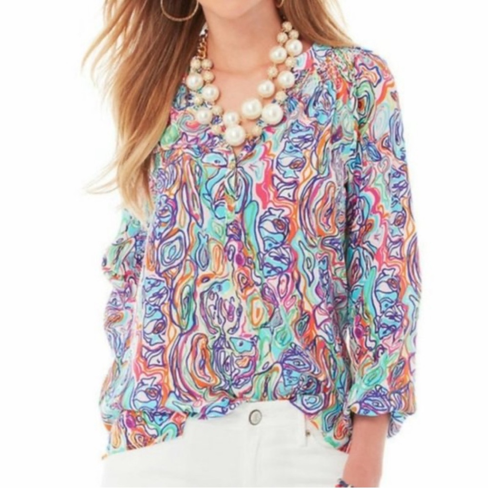 Lilly Pulitzer | 100% Silk Elsa Top in What A Catch Print